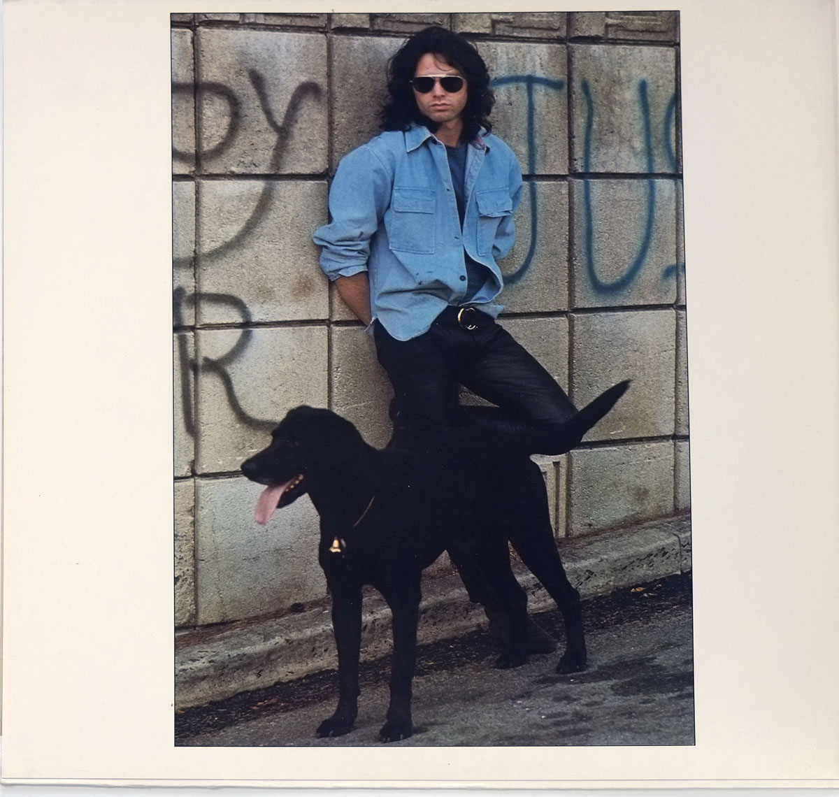 Inner sleeve photo of An American Prayer featuring Jim Morrison leaning against a graffiti-covered wall, wearing a light blue denim shirt, black leather pants, and sunglasses, with a black dog standing beside him, creating a casual and rebellious atmosphere.